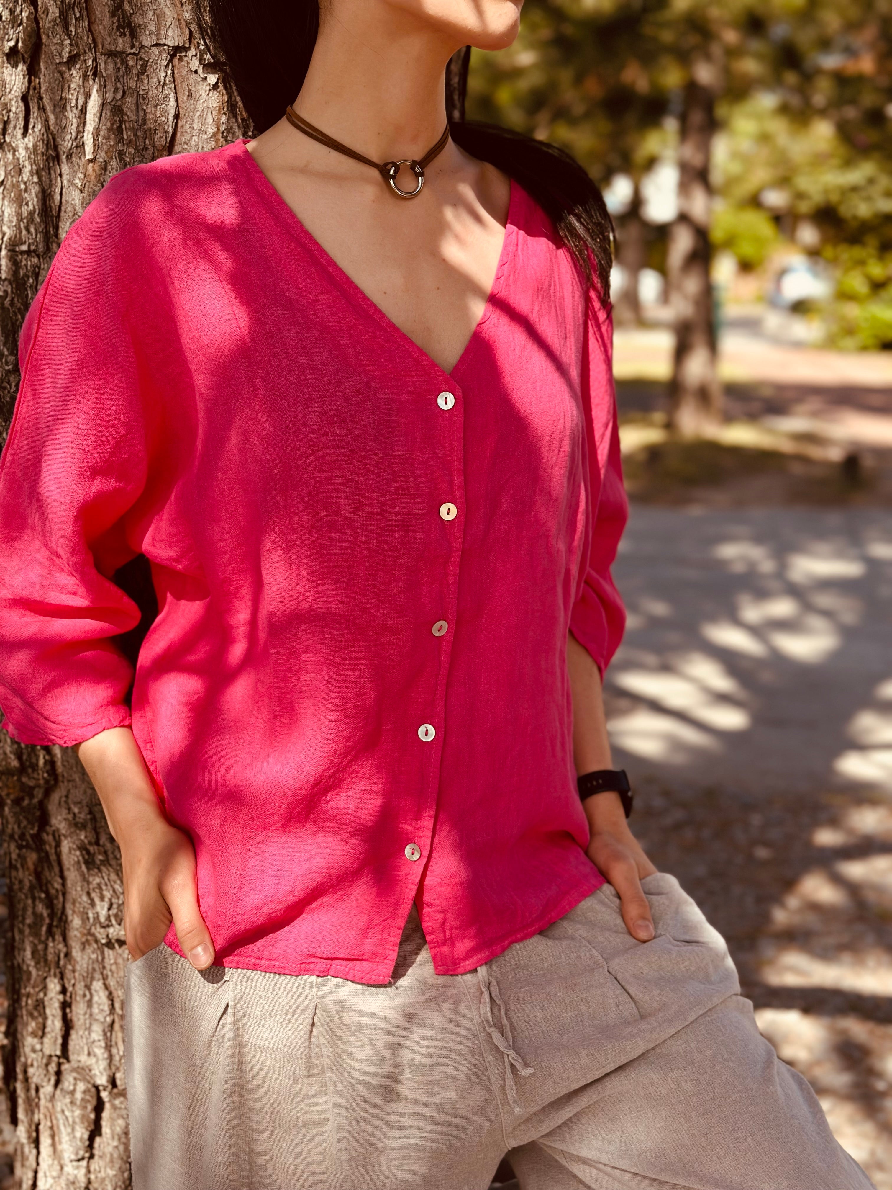 Camisa 100% lino fucsia talle unico